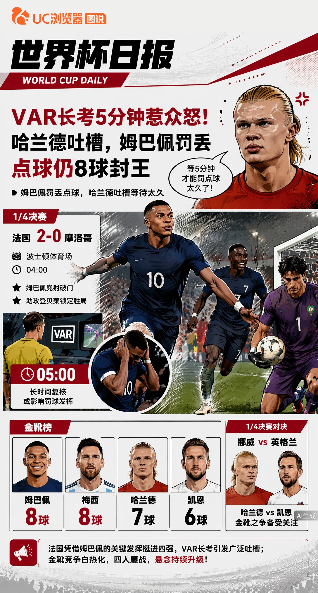 VAR长考5分钟惹众怒！哈兰德吐槽，姆巴佩罚丢点球仍8球封王
