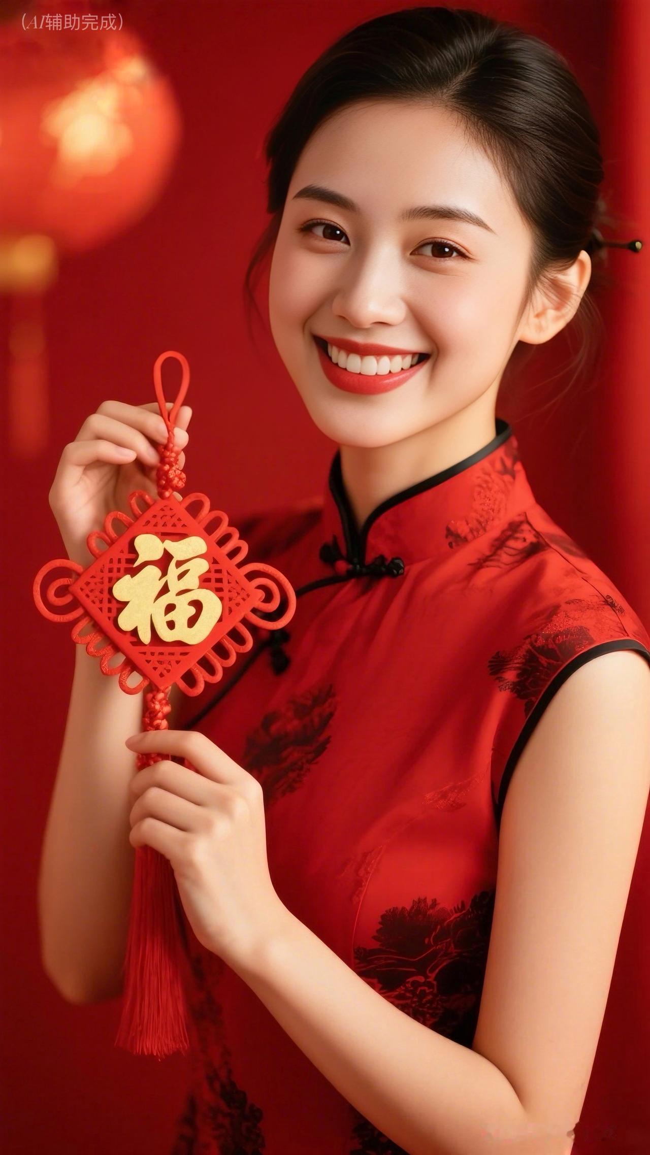 红底黑纹旗袍裹雅姿，盘发高挽显典雅。双手捧福字中国结，眉眼含笑眸漾春，红唇甜绽。