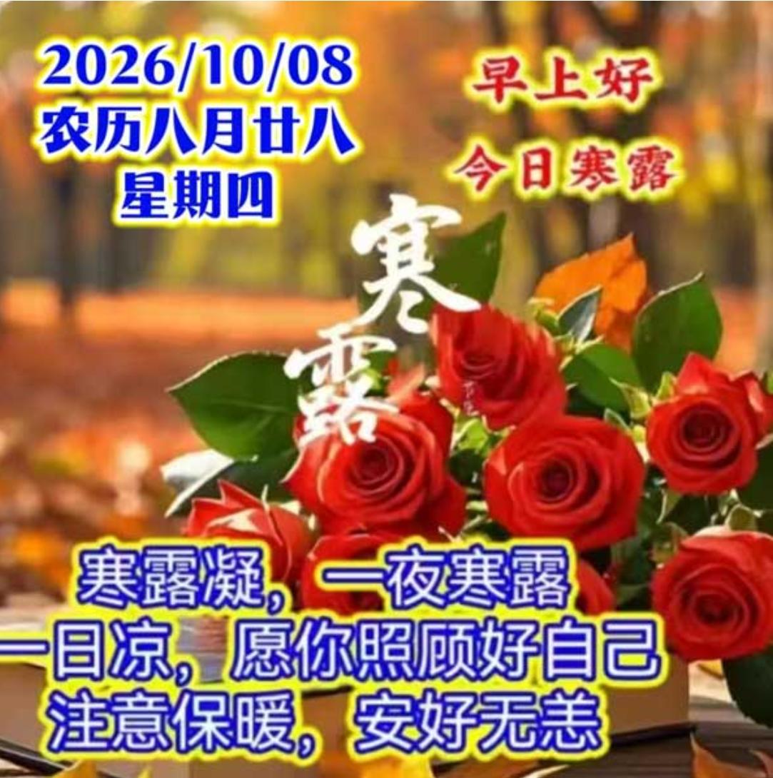 寒露到，送问候；天入秋，夜变长；深秋燥，天渐凉；多添衣，莫露腿；多喝水，