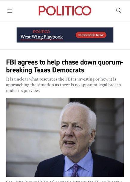周四，美国联邦调查局FBI批准了共和党参议员JohnCornyn要求，协助“抓