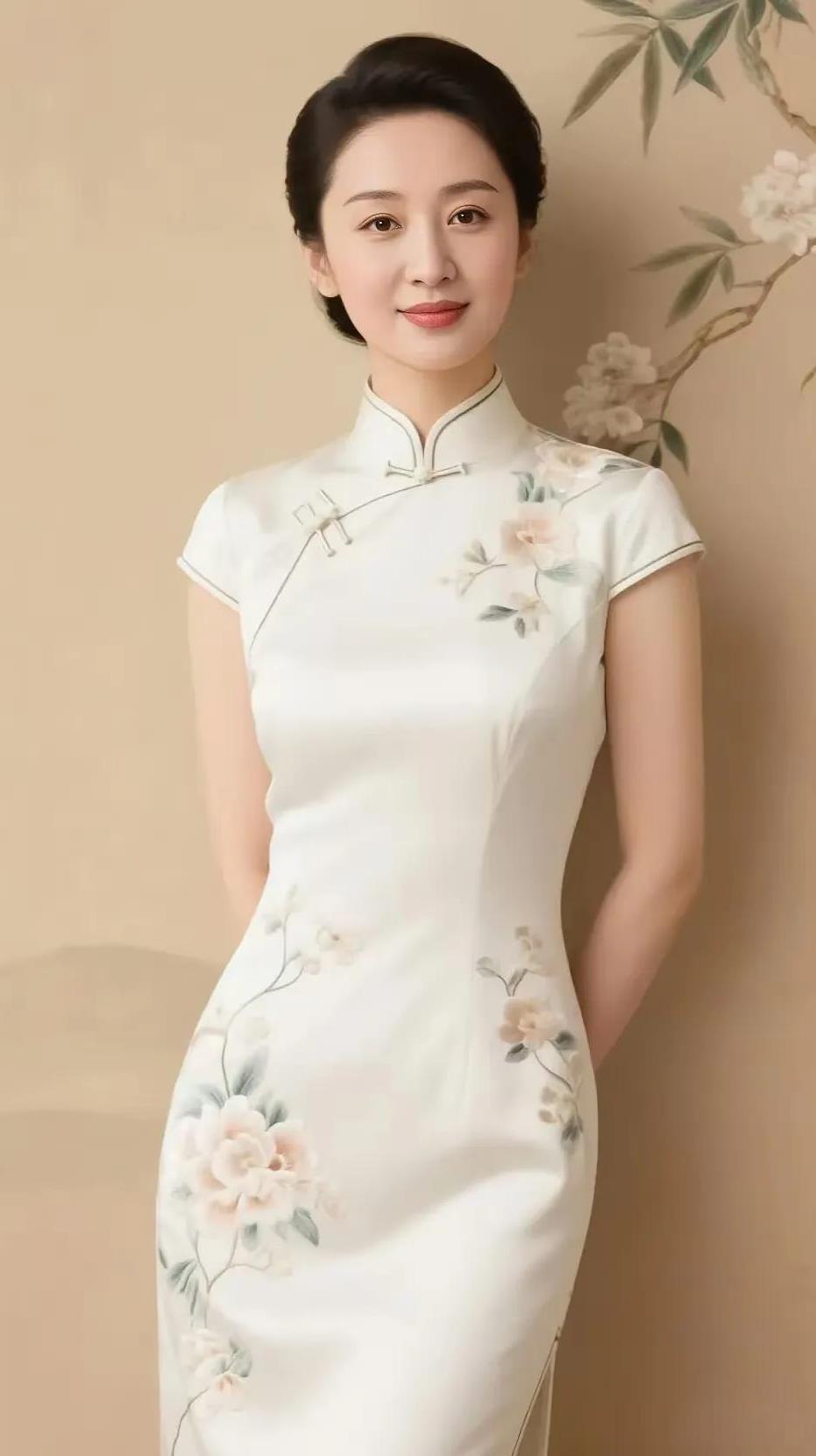 题着旗袍佳人素绢裁就古香姿，绣朵成诗鬓挽时。一抹温柔藏笑意，静融东方韵成