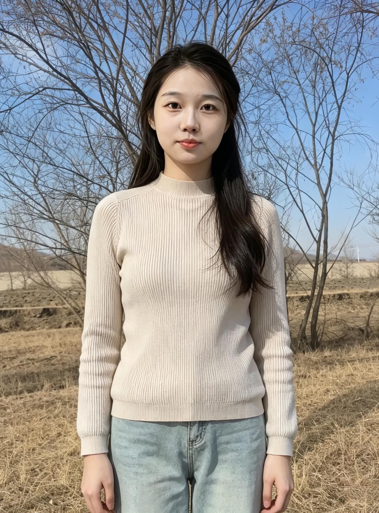 你站在枯草与蓝天之间素色针织衫，是风揉碎的云长发垂落，拂过初春的微凉溪涧是