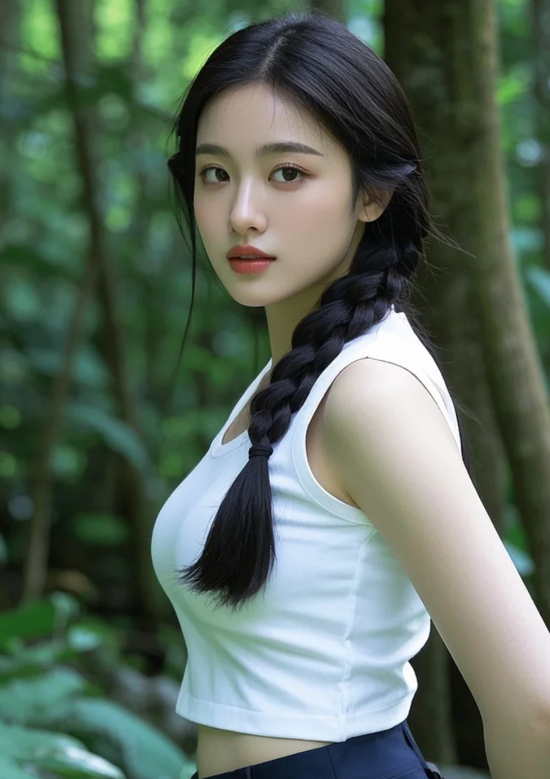 她站在绿意深处，不说话，却美得像一首诗。