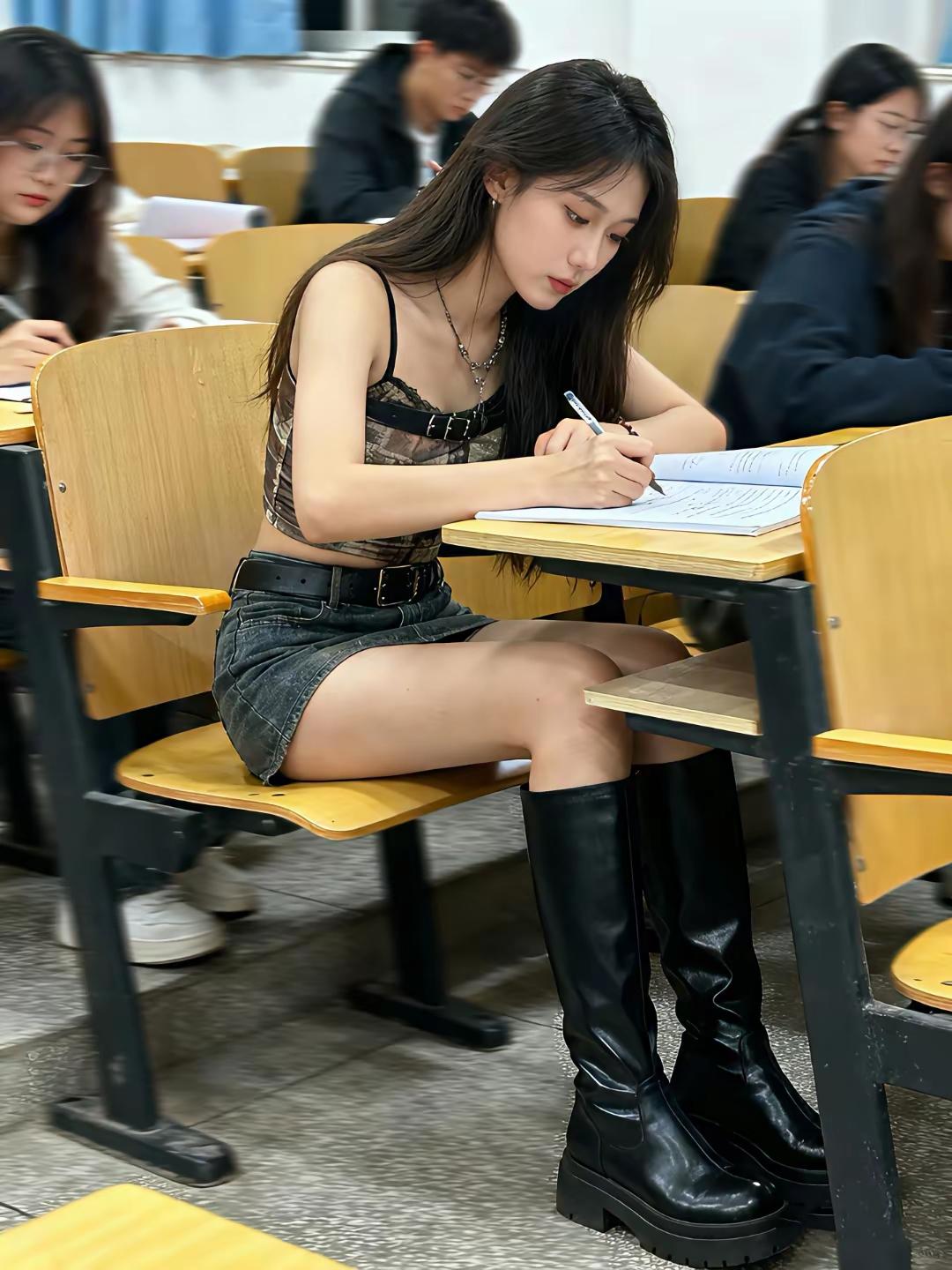 教室里的笔尖沙沙响，她把认真写进笔记里，吊带和牛仔裙裹着青春的松弛感，长靴踩稳了