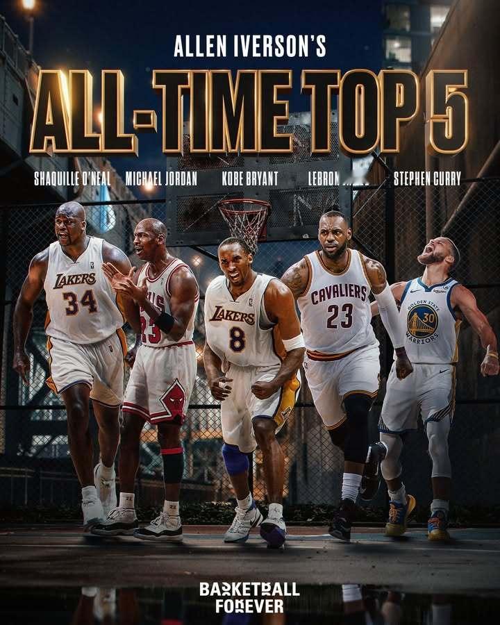 阿伦·艾弗森公布了他心目中的NBA历史前五球员🐐🔸奥尼尔🔸迈克尔·乔