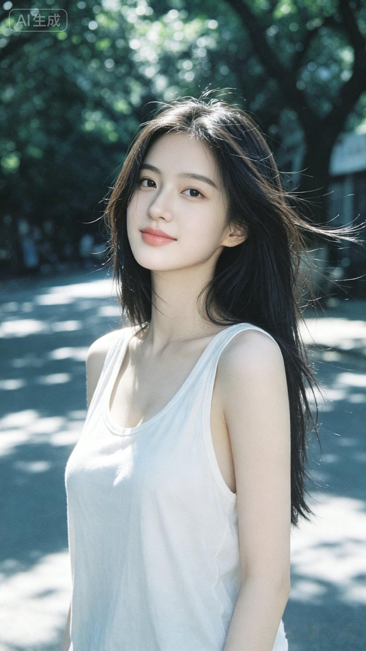 阳光下的清新少女，白裙飘飘，自然美丽。