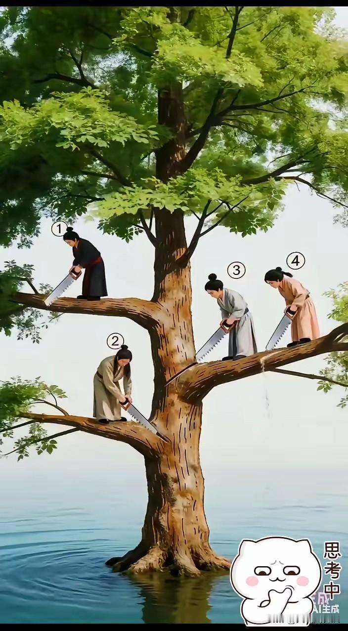 下图中四有个人，只有一个人能留在树上，其他三个人都会掉下去，请问，最终哪一位不会