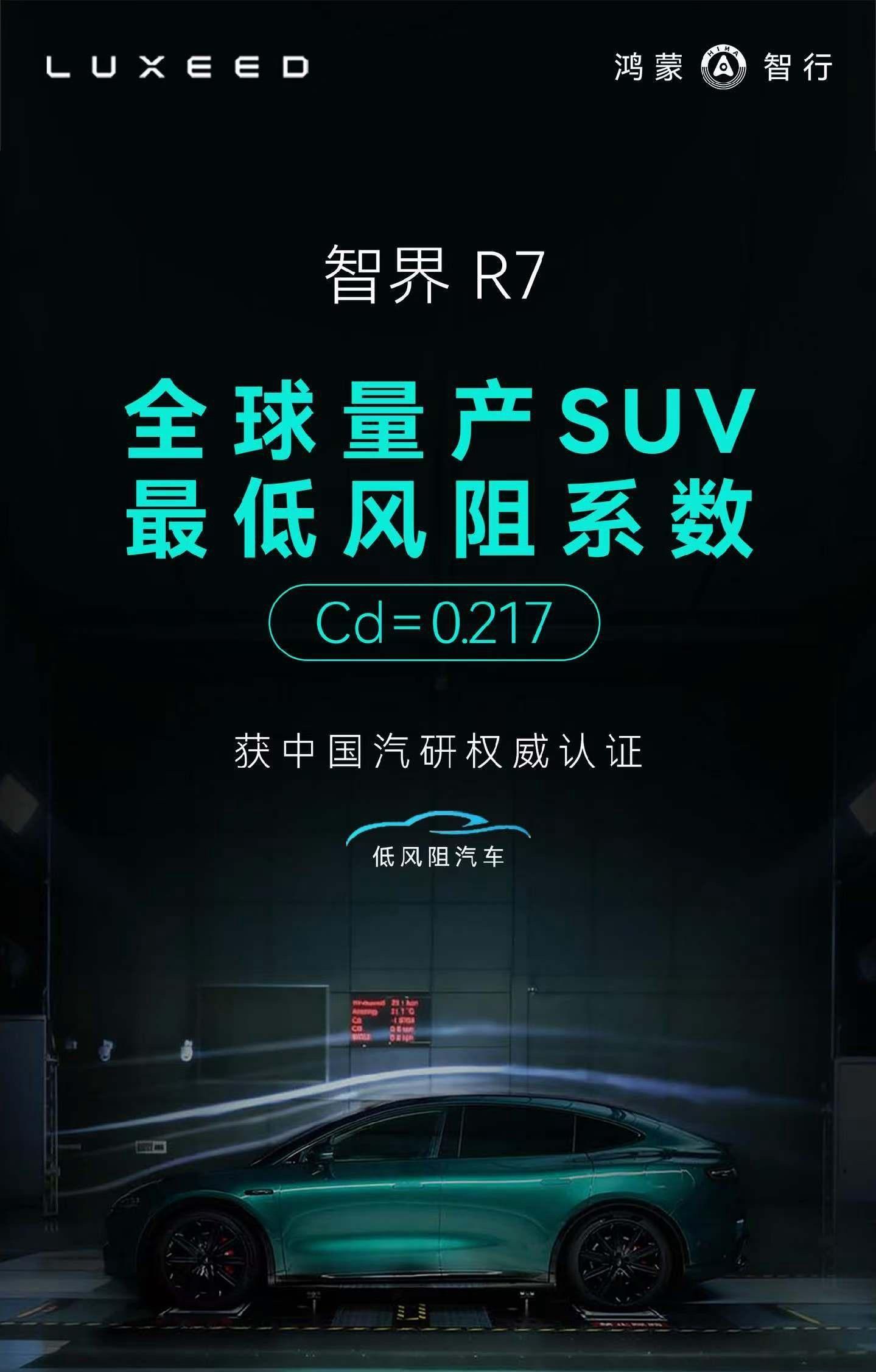 智界R7量产SUV最低风阻，大家可能没啥概念。我举个例子说，智界R7是0.217