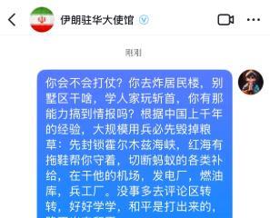 一位中国网友急了，跑去伊朗大使馆下面私信，给他们支招怎么打仗。这位网友很明显用了