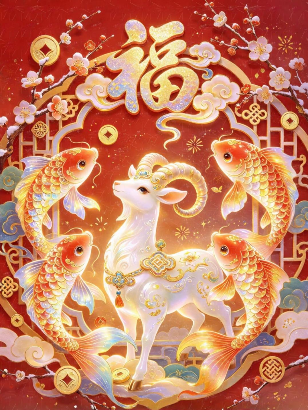 白羊呈祥开泰运，锦鲤跃浪揽财丰，梅蕊凝香纳百福，愿您事业扶摇直上，生活繁花似锦。