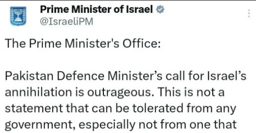 巴基斯坦防长称以色列是人类的祸害，以政府坚决反对巴基斯坦国防部长指出：