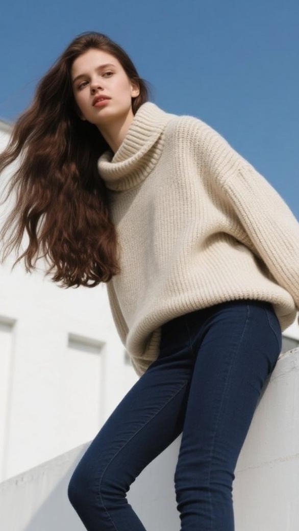冬日想穿得温暖又时尚，米色毛衣配牛仔裤这对CP可太妙啦！米色毛衣软糯温柔，给寒