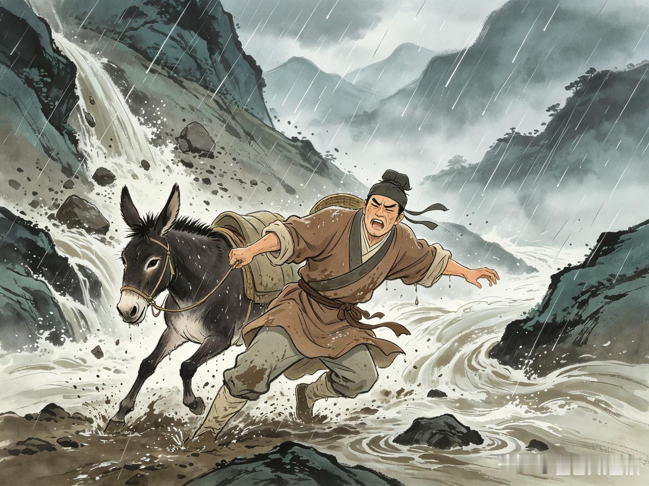 唐贞元年间，窦玉前往河东投亲。途经一座深山时，天色骤变，暴雨倾盆而下，山洪裹着泥
