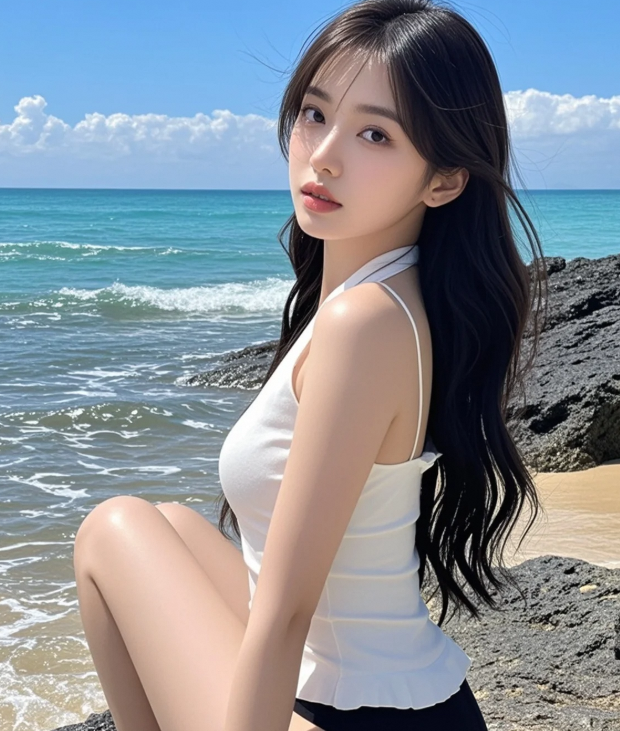 比基尼美女回眸瞬间，海风轻抚如诗如画