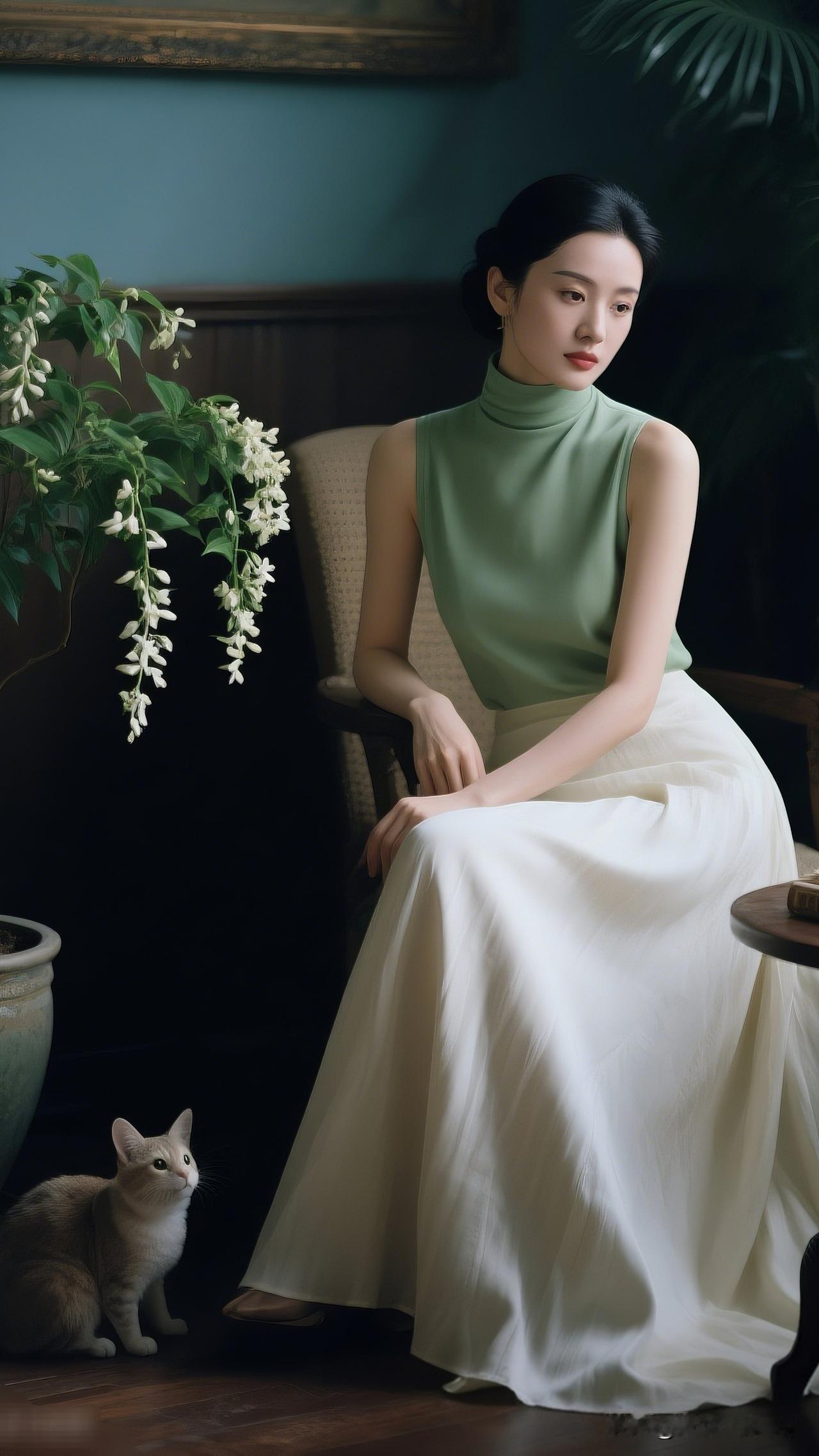 静坐花间思，猫儿伴我眠。你喜欢哪一种气质的美人?优雅的绿白穿搭，与猫咪的温馨时