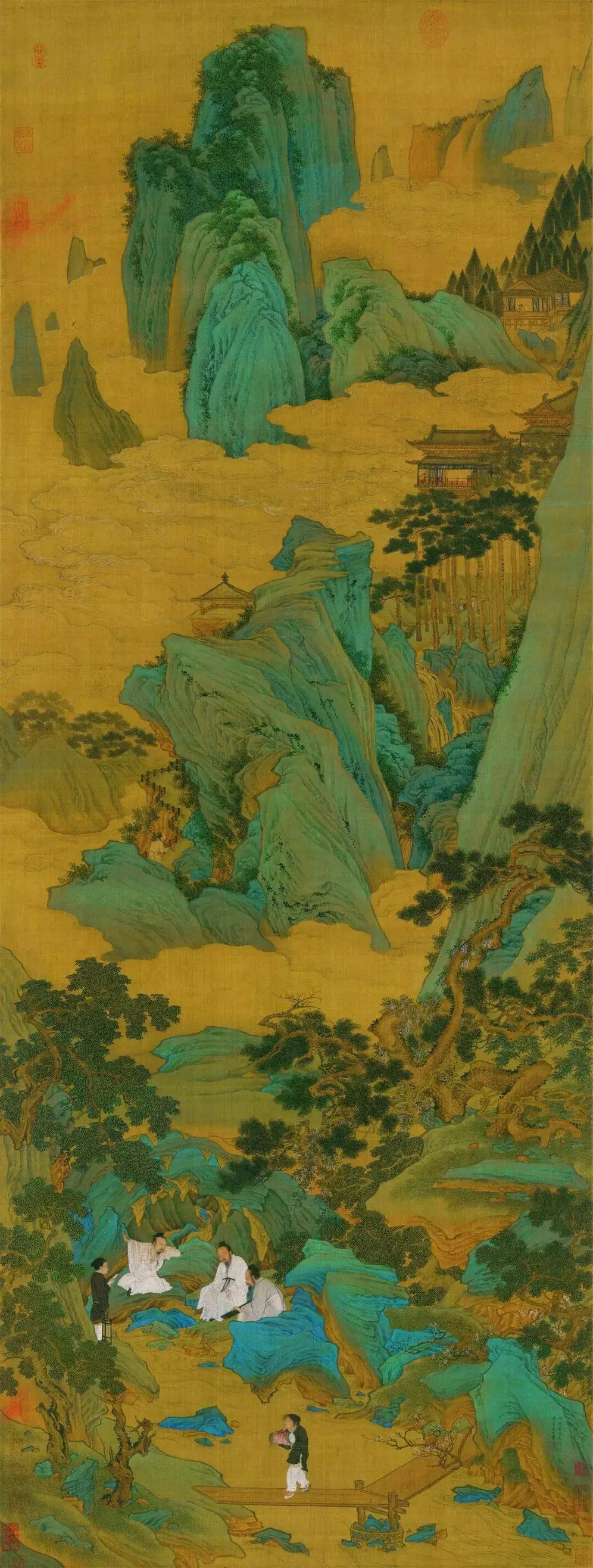 仇英《桃源仙境图》，描绘远处峰峦起伏，幽深高远，山间云蒸雾漫，远山深处庙台亭阁在