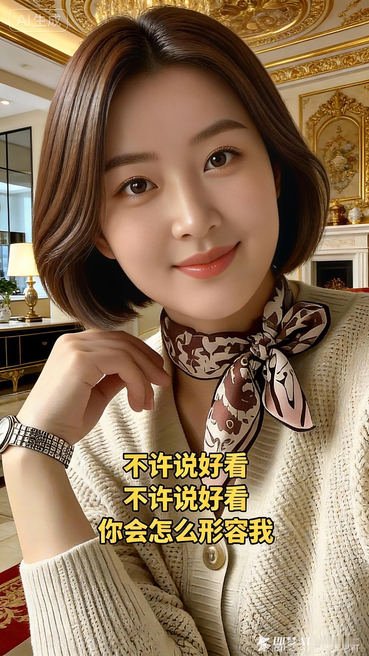 短发雅姿短发轻扬气质柔，丝巾绕颈韵悠悠。明眸含笑神情暖，素衣温婉自风流。
