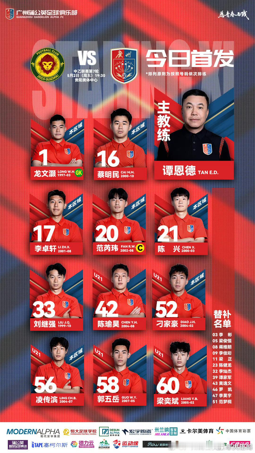 首发出来了！广州蒲公英足球俱乐部继续用当打生力军球员带着年轻小将上阵，还是稳字