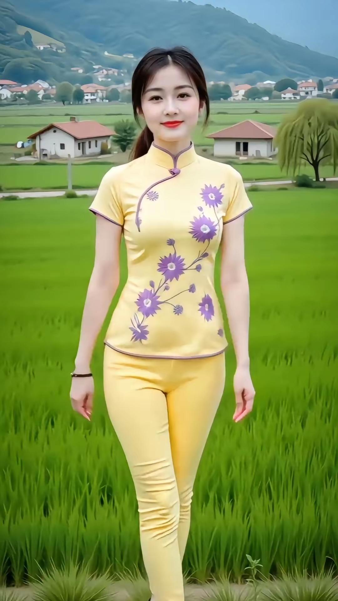 这姑娘穿着花旗袍，走在绿油油的田野里。江南风旗袍美女旗袍街景照山水风旗袍照