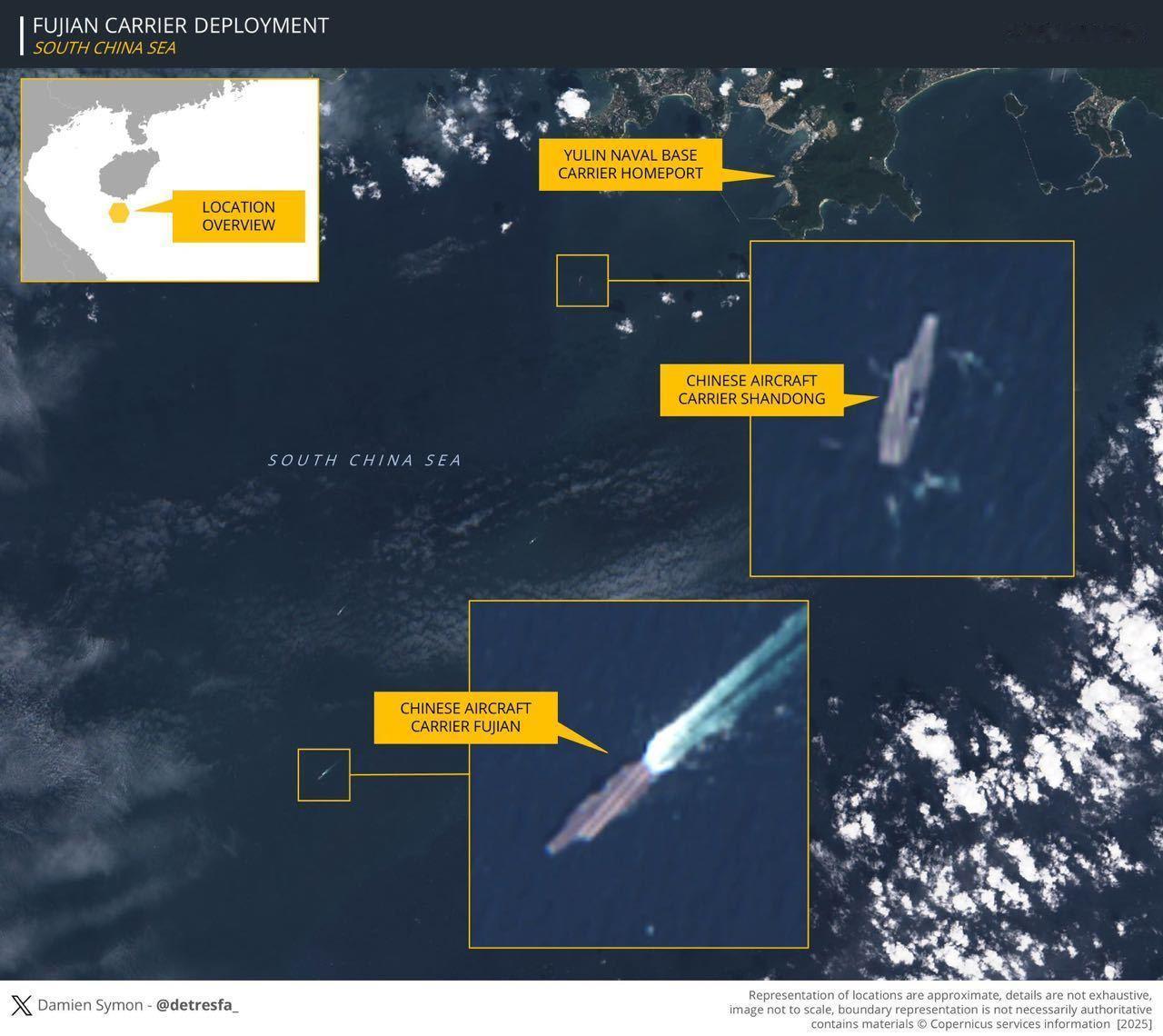 福建舰入列后首次出海训练——外媒发布的卫星图像显示，11月17号，入列后的福建舰