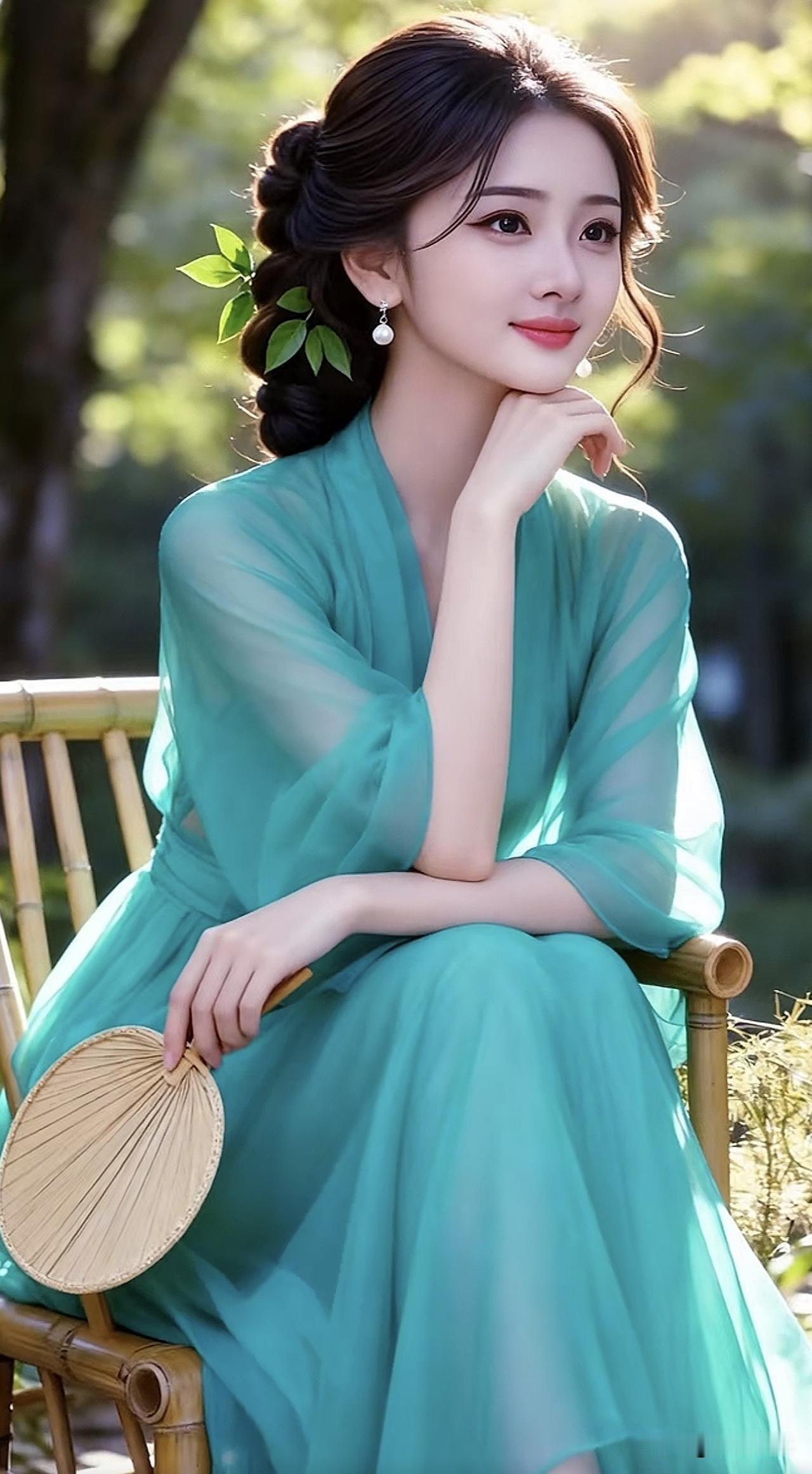 绿衣美人，竹椅轻倚，手持团扇，韵味悠长。绿裙美人绿花旗袍少女团扇古装照绿花