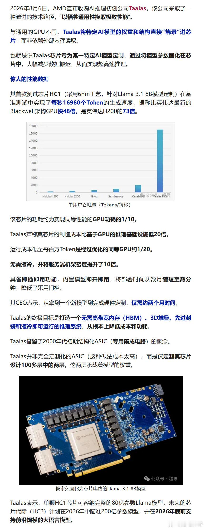 AMD收购Taalas,Taalas将特定AI模型的权重和结构直接“烧录”进芯片;其首款测试芯片HC