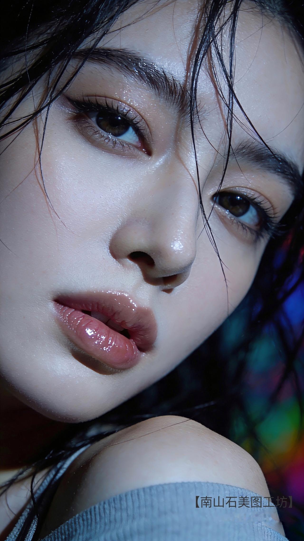 湿发如墨淌过肩头，瓷肌泛柔光，眼尾漾着魅惑波光，唇瓣润似蜜桃凝露。肩颈轻展时，霓