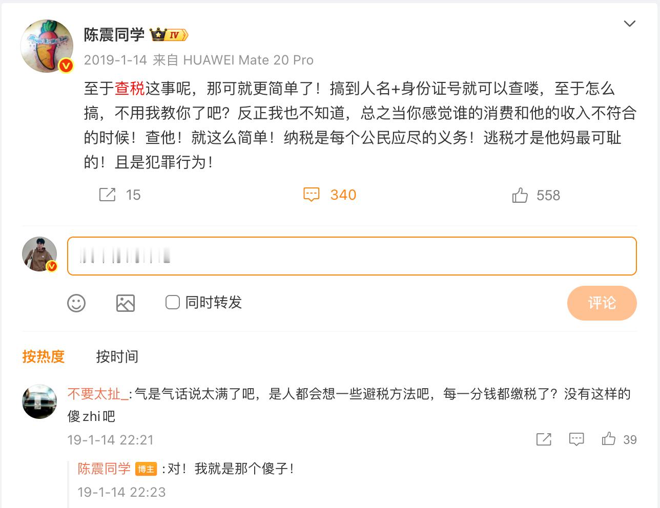 陈震：「总之，当你感觉谁的消费和他收入不匹配的时候，查他，准没错。逃税才是他妈最