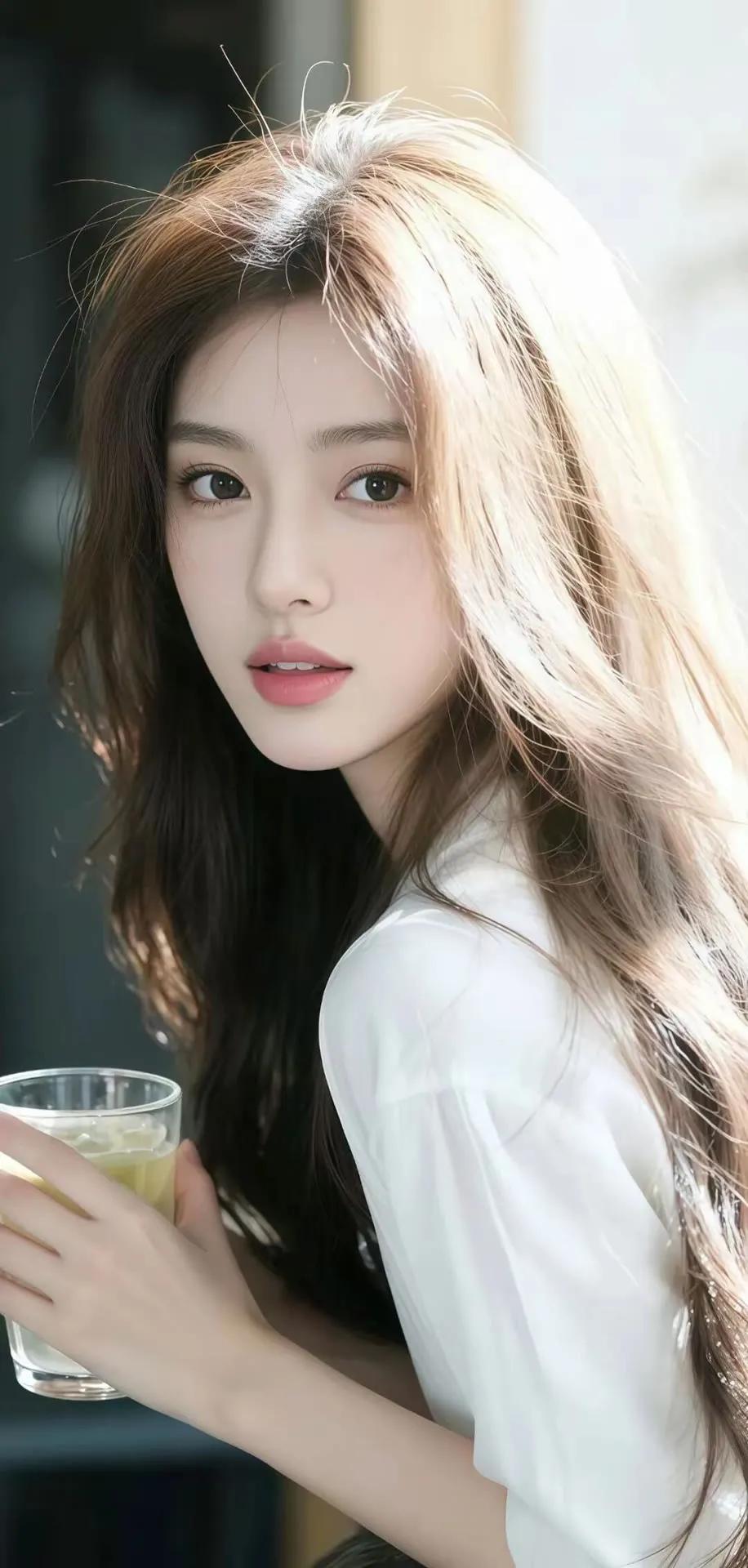 阳光下的少女，清新自然，手捧一杯暖心饮品，享受美好时光。街拍高清美女