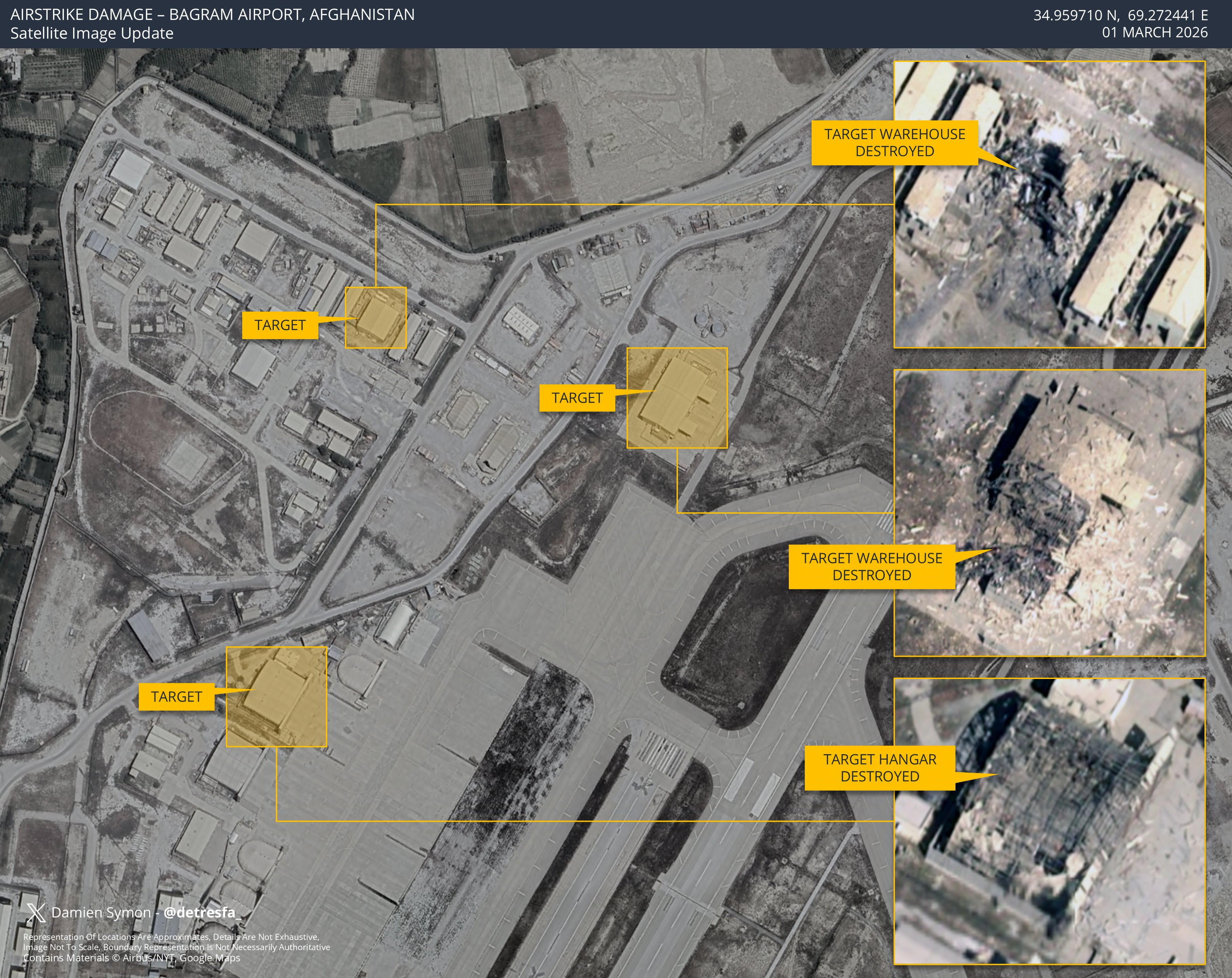 巴基斯坦周日黎明时分袭击了喀布尔以北的巴格拉姆空军基地。据卫星图像显示，一个机库