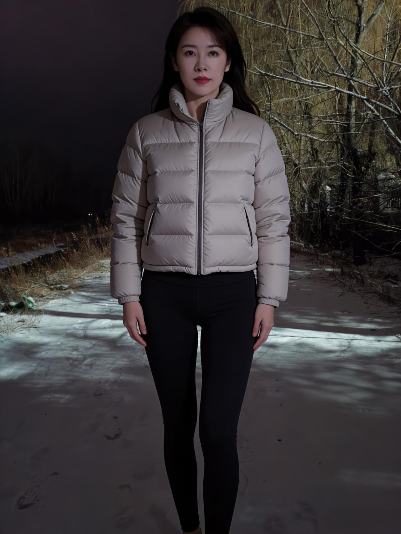 夜色如墨，雪色如银，她是这黑白世界里，一抹温柔的晕。米白的羽绒，像云朵落进人