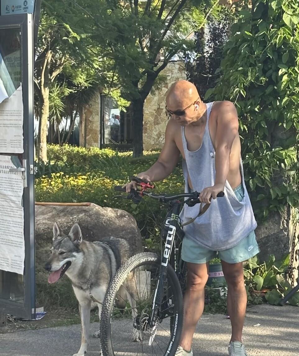 这状态，绝了！真不敢认是他！51岁乐嘉云南定居多年，光头老头衫牵狼犬逛市集，