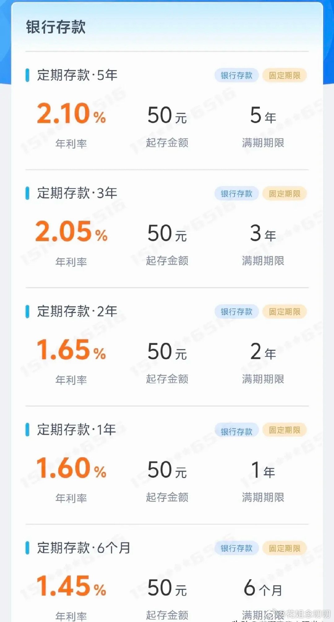 一网友晒出了当地银行的存款利率，最低50元就能存，利率明细如下：5年期定期，年利