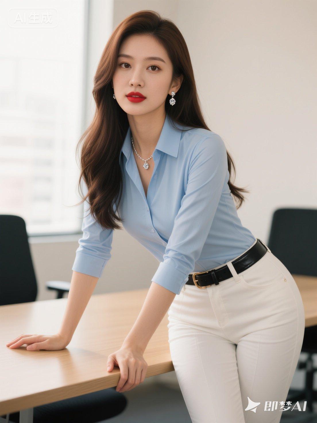 职场女神范儿，蓝色衬衫+白色裤子，优雅大方！