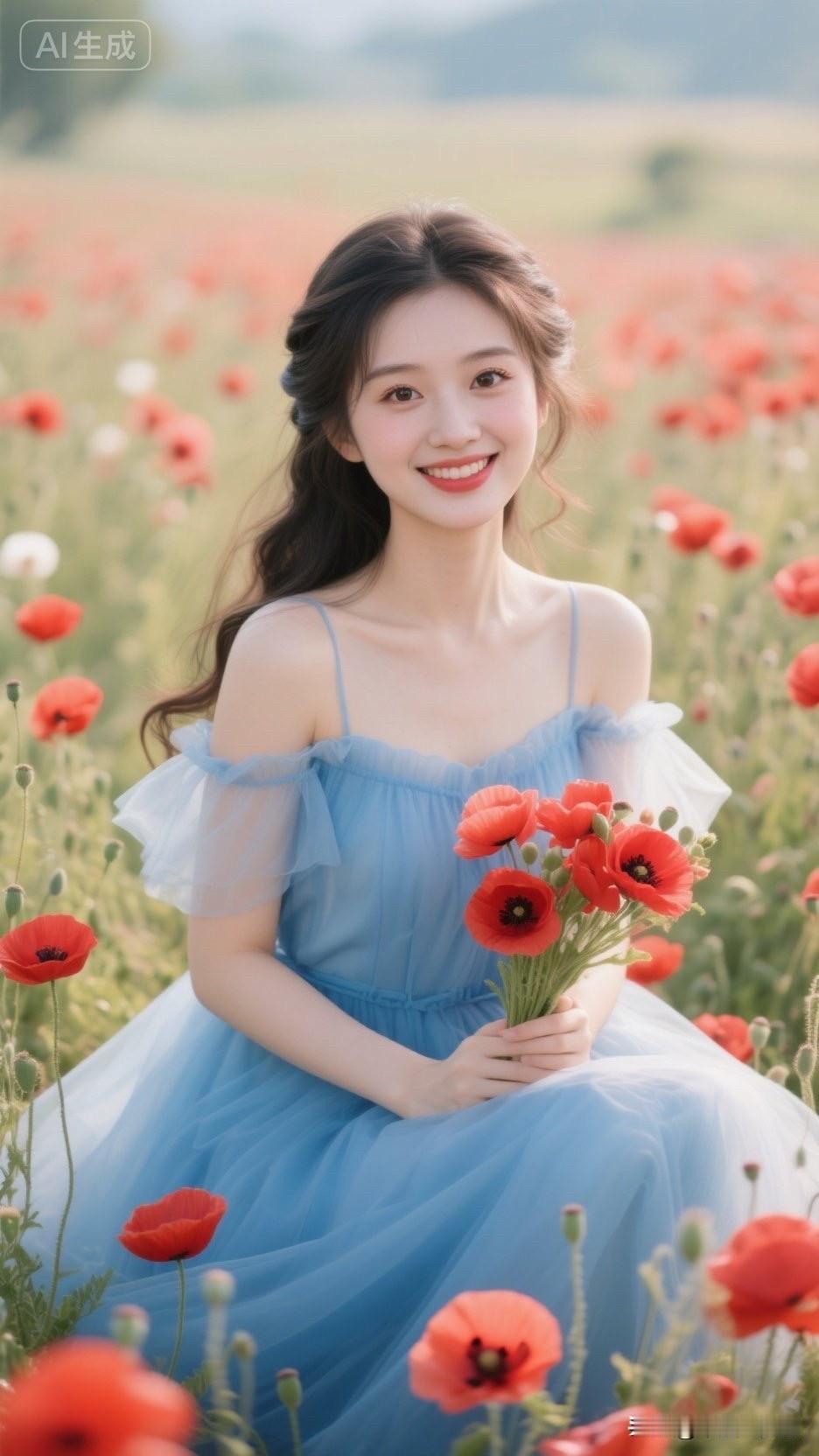 她穿着蓝裙，微笑着坐在花田里。