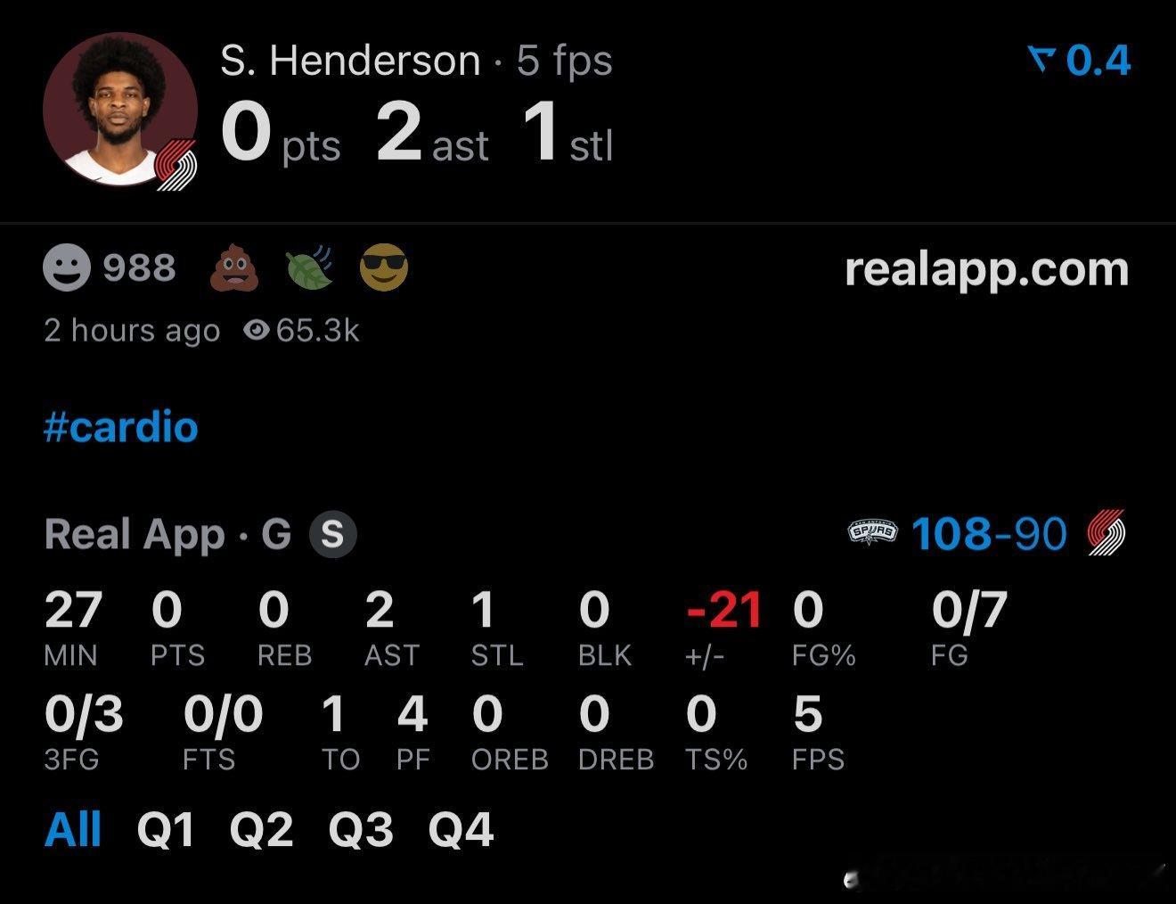 NBA亨德森今日表现：0分0/7投篮命中0/3三分球命中-