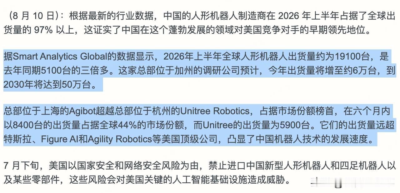 据外媒报道，智元机器人的出货量超过宇树机器人了。今年上半年，智元人形机器人出货超