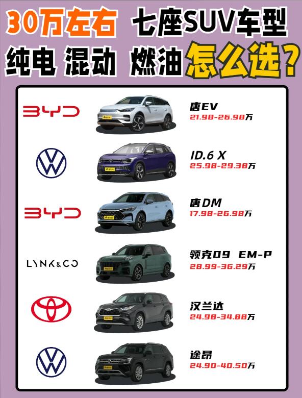 🚗30万左右家用7座SUV怎么选？四类动力全对比预算30万上下