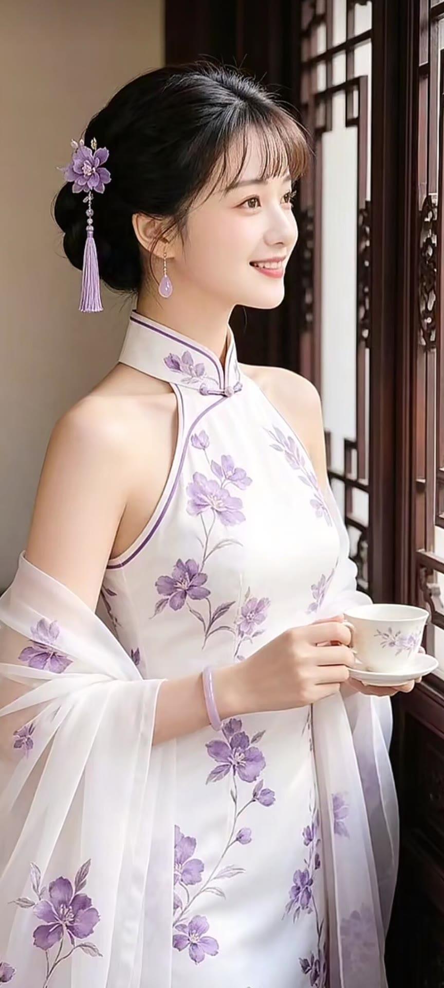 古典优雅，花间茶香，旗袍美人，韵味十足。