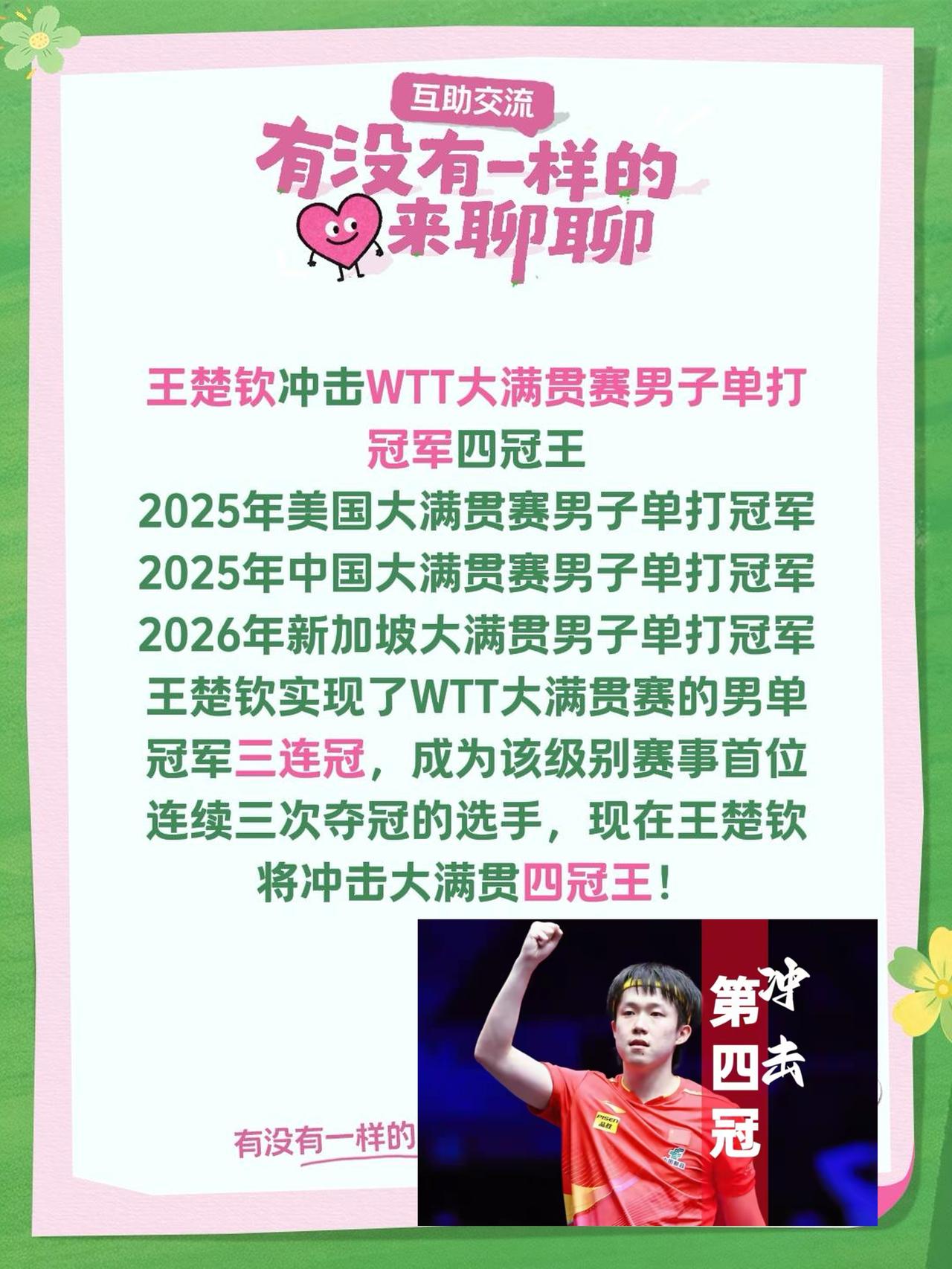 王楚钦冲击WTT大满贯赛男子单打冠军四冠王2025年美国大满贯赛男子单打冠军