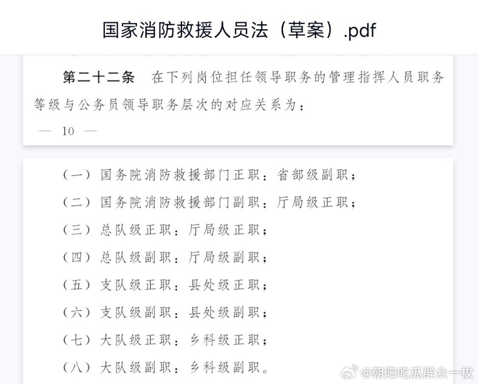 《国家消防救援人员法（草案）》规定了相应的职务级别。