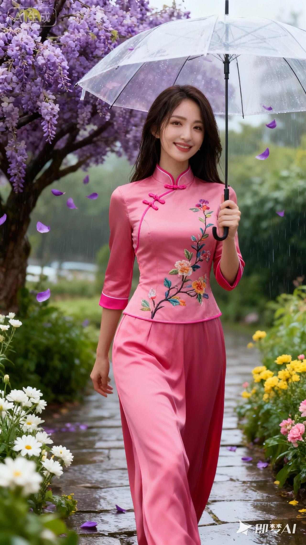 雨中漫步，粉裙飘飘，撑伞漫步花间，唯美浪漫。