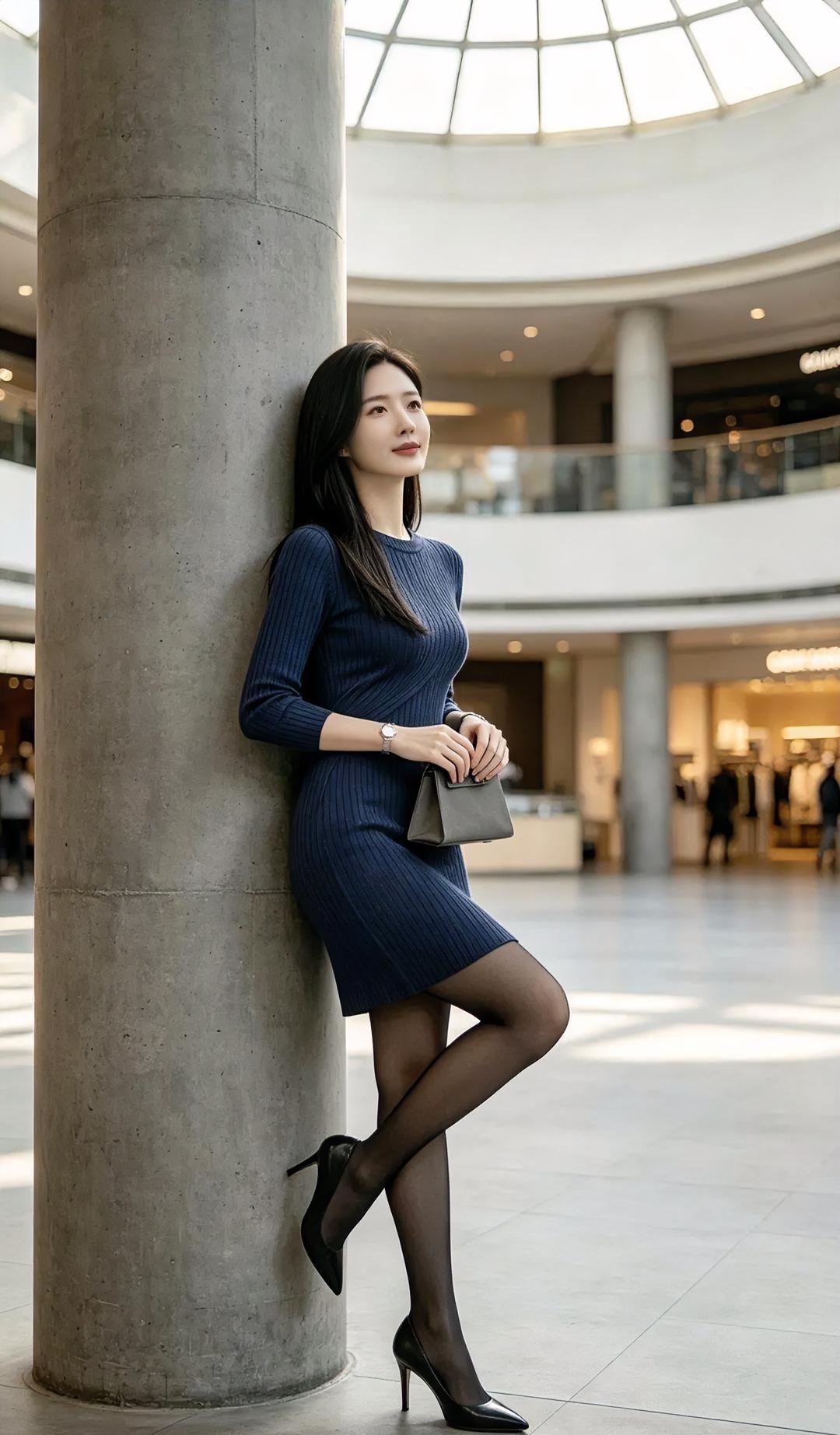穹顶洒下光，她倚着圆柱成了风景。深蓝针织裙，勾勒从容步调。高跟轻点，