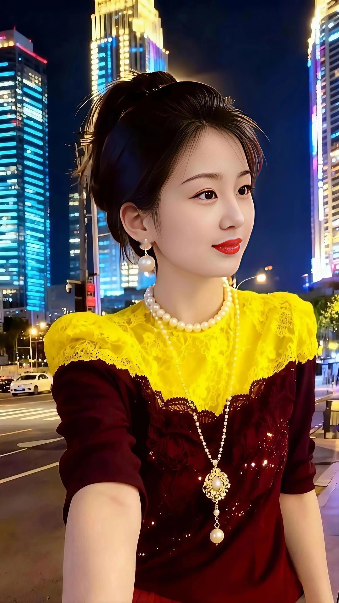 都市夜景下的优雅自拍，珍珠项链闪耀，红唇点缀，夜晚的繁华尽收眼底。