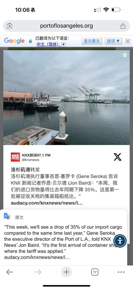 洛杉矶港受到关税战的第一周，进港的船舶量较去年同期减少了35%，大多数来自中国的