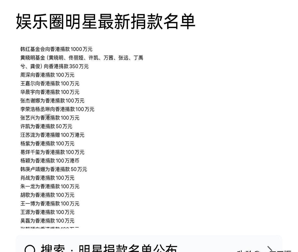 最近看到一张明星捐款的名单，真有点感慨。人家出手就是50万打底，100万的也