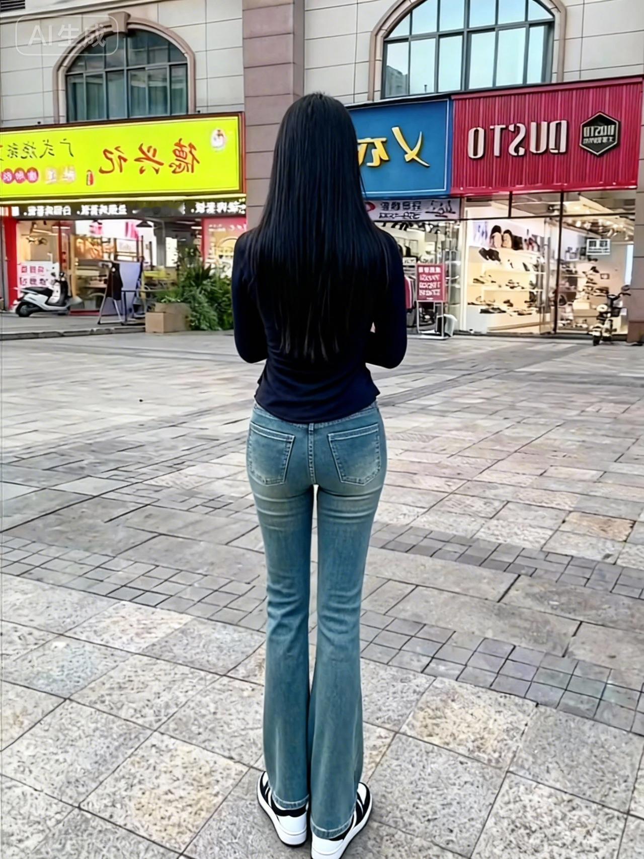 都市街头，时尚背影，牛仔裤与黑发相映成趣。