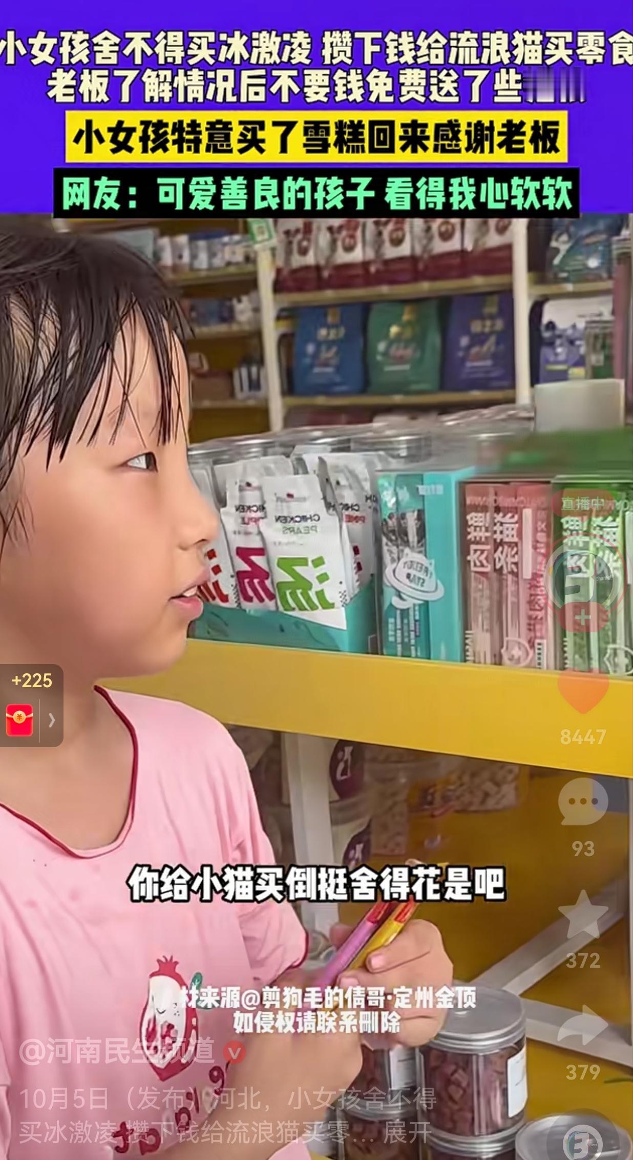 太善良了！小女孩在街上偶遇了一只流浪猫，本来女孩想着把小猫带回家里养着。小女