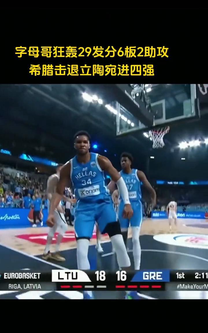 字母哥狂轰29发分，6板2助攻，希腊击退立陶宛进四强。