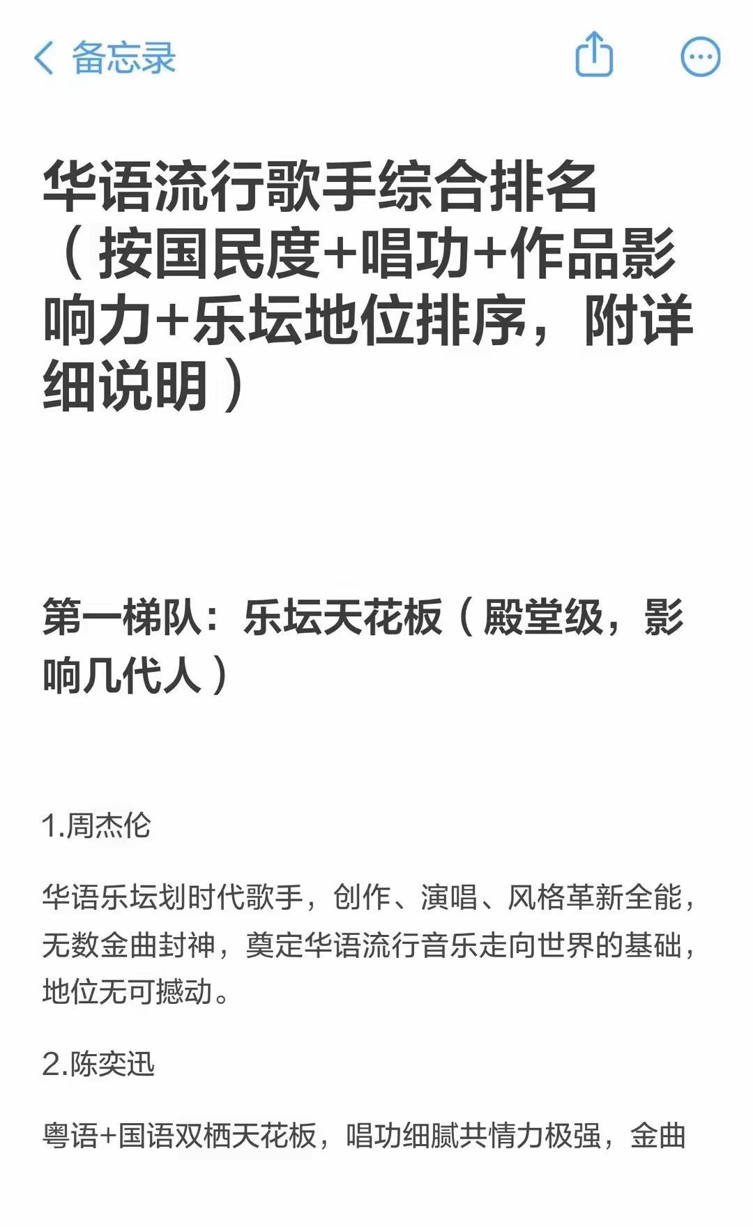 华语流行歌手综合排名20强（按国民度+唱功+作品）
